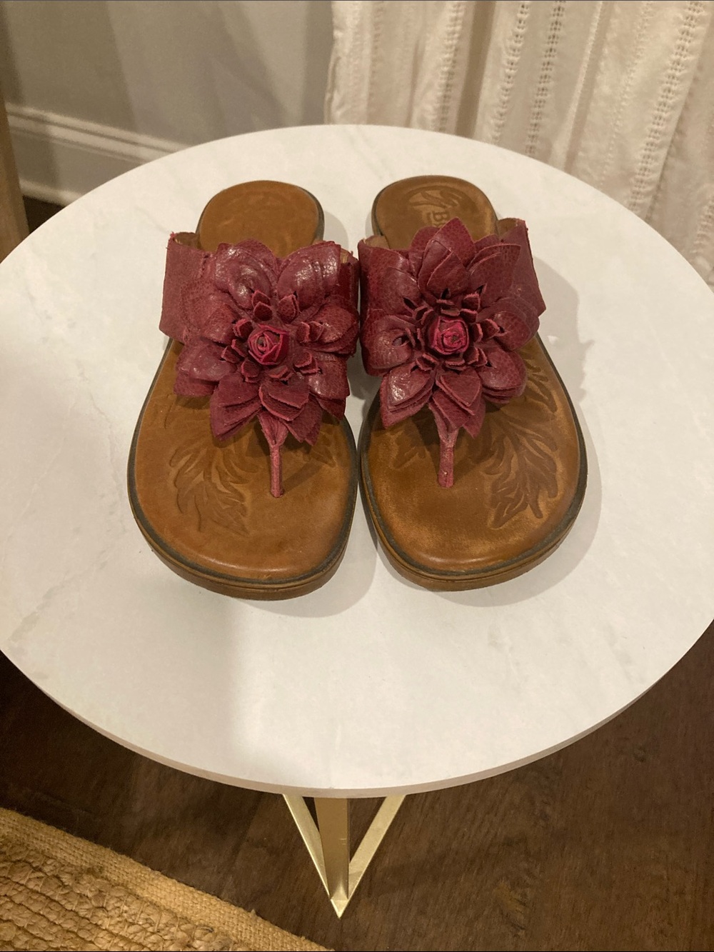 Born Women's Burgundy Floral Leather Toe-Post Sandals
